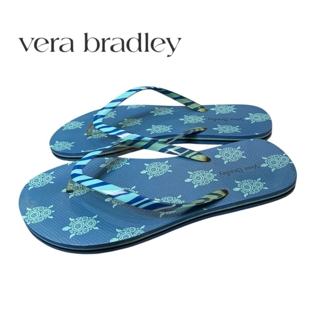 Vera Bradley Women's Blue Sea Turtle Striped Band Flip Flop Thong Sandals 9 10